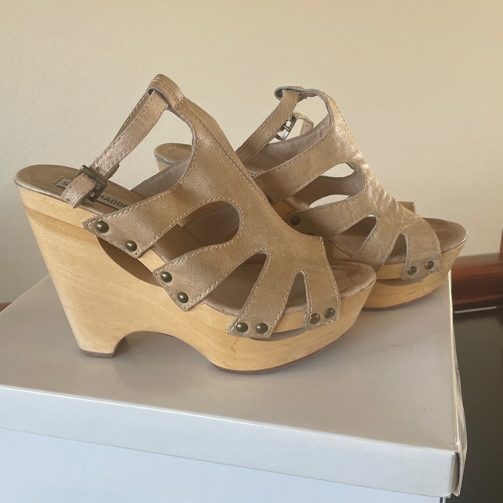 Steve Madden Beige Leather Cutout Platform Wedge Sandals HANDMADE - Picture 8 of 8
